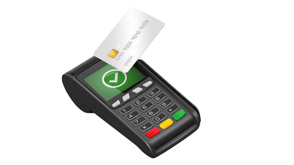 Isometric POS Terminal with Credit Card Inserted and Successful Payment Check Mark Icon Isolated Vector