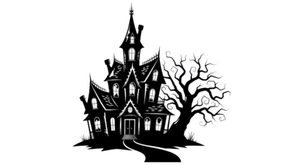 A spooky, haunted house with a tree and a path leading up to it.