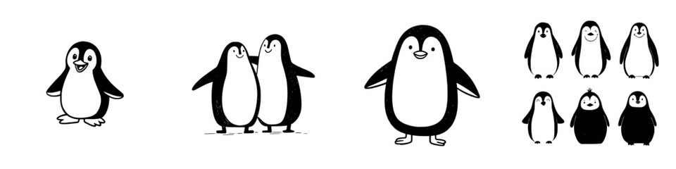 Set of stylized black and white penguin icons in various poses
