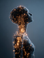 Abstract blue liquid with falling bubbles illuminates a transparent x-ray human head and brain