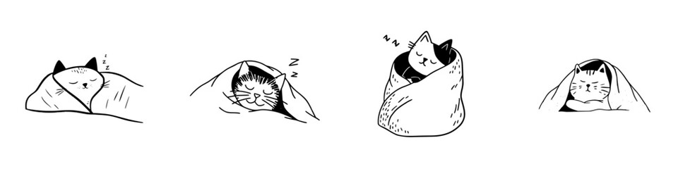 Cute sleeping cats comfortably wrapped in cozy blankets or burritos