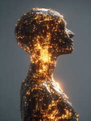 Abstract blue liquid with falling bubbles illuminates a transparent x-ray human head and brain