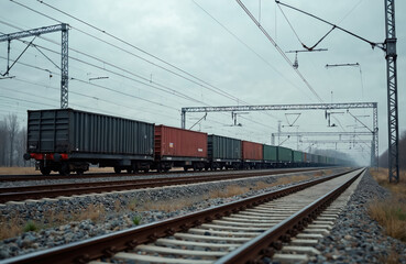 Fototapeta premium Long cargo train with containers moves on rails under overhead power lines. Freight transport on tracks, industry, logistics, journey through open fields. Delivery service.