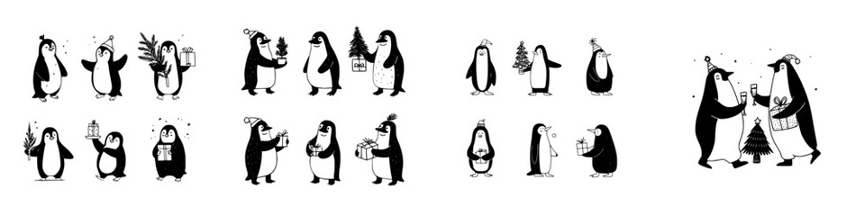 Cute cartoon penguins celebrating winter holidays with gifts and festive trees