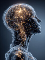 Abstract blue liquid with falling bubbles illuminates a transparent x-ray human head and brain