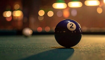 A close-up shot of a billiards table in low light, highlighting the number two ball in sharp focus and the cue ball blurred in the background