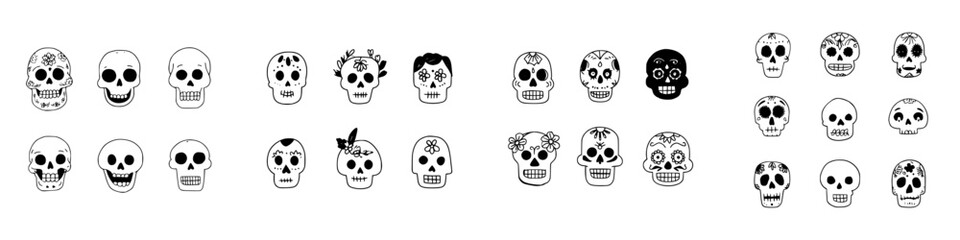 Hand drawn sugar skulls and simple outline icons set