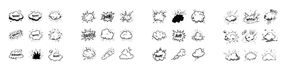 Set of hand drawn comic book explosion and impact sound effect speech bubbles