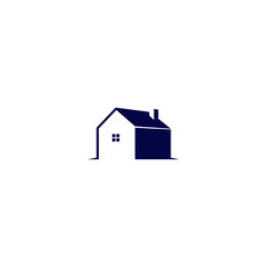 Minimalist house icon in navy, chimney, simple lines, and partially shaded right side