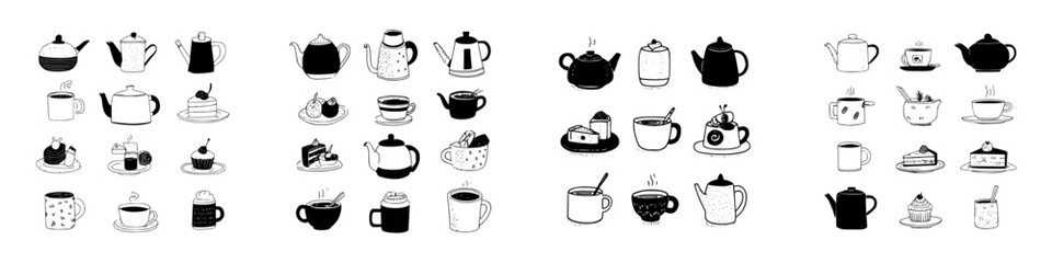 Hand drawn set of teapots coffee mugs and sweet dessert icons