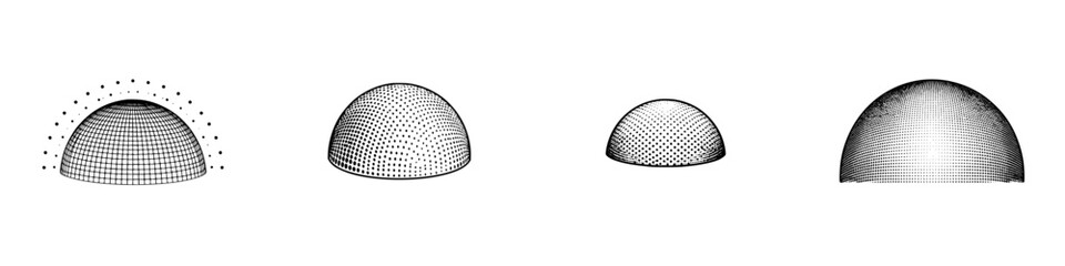 Four abstract dome shapes with halftone and grid shading variations © schmidt