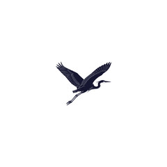 Elegant indigo silhouette of a heron in flight against a bright white background