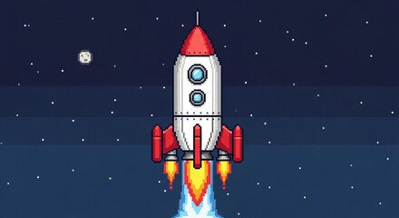 Pixel art rocket ship blasting off into space with stars in the background, a retrostyle illustration of space exploration and adventure