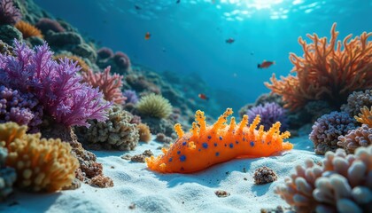 Obraz premium Vibrant underwater ecosystem photo with a colorful sea cucumber on the sandy seabed. Diverse corals and marine life create a beautiful reef habitat. It perfect for eco or diving themes.