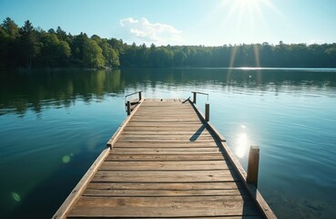Naklejka premium Wooden dock extends into serene lake. Calm water reflects green trees. Sunny day creates relaxing atmosphere. Nature scenery perfect for vacation travel or getaway.