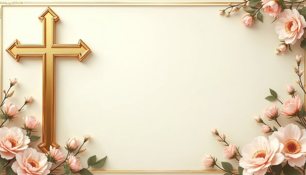 Floral frame with golden cross. Pink flowers adorn corner. Elegant design for memorial cards invitations announcements. Symbol of faith love hope in remembrance service concept. Peace, solace for
