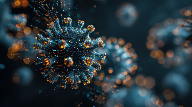 Microscopic virus particles morphing into digital glitch, symbol of modern pandemic, conceptual art - Powered by Adobe