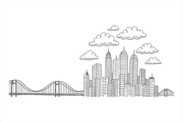 Obraz premium Hand drawn sketch of city skyline with suspension bridge and clouds urban architecture