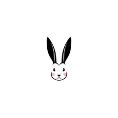Stylized rabbit face, black ears, pink cheeks, white fur on a white background