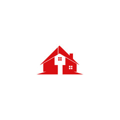 Stylized red house with white keyhole opening, chimney, and window details