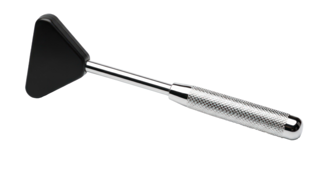 A black and silver reflex hammer with a black handle on a white background.