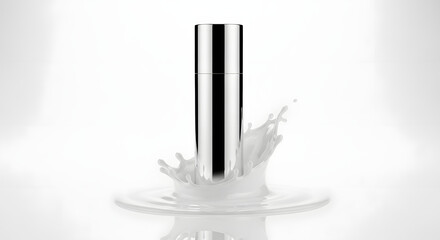 Elegant Metallic Cosmetic Bottle with White Liquid Splash. Skincare Product on Clean White Background.