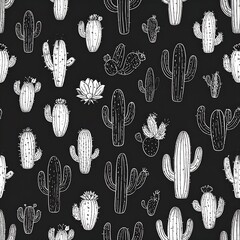 Black background with many hand-drawn cacti