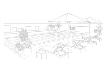 Obraz premium Rooftop swimming pool with lounge chairs and potted plants line drawing umbrellas