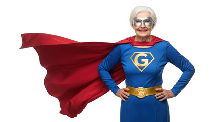 An elderly woman in a superhero costume with a cape and a mask, standing against a white background.