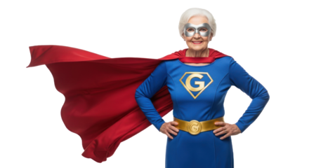 An elderly woman in a superhero costume with a cape and a mask, standing against a white background.