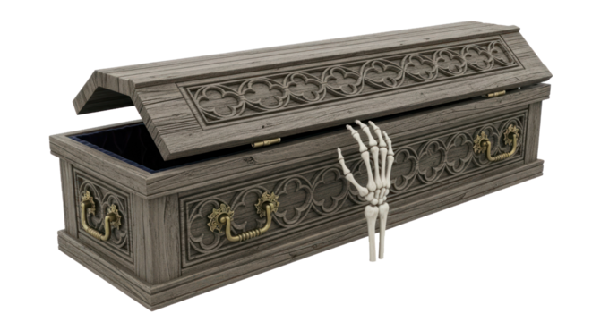 A wooden casket with a skeletal hand on it, set against a white background.