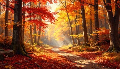 Fototapeta premium Autumn Forest Path Sunlight.