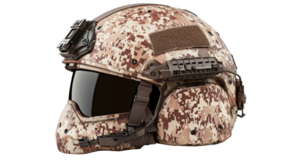 Camouflage military helmet with tactical attachments and dark visor.