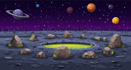 Alien Planet Landscape with Glowing Crater and Distant Planets.