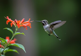 Naklejka premium A small hummingbird hovers gracefully next to vibrant orange trumpet flowers in a lush green natural setting.