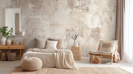 Warm bedroom or reception room with abstract beige, sepia, and cream wallpaper texture and rustic carpet, creating a cozy and inviting ambiance.