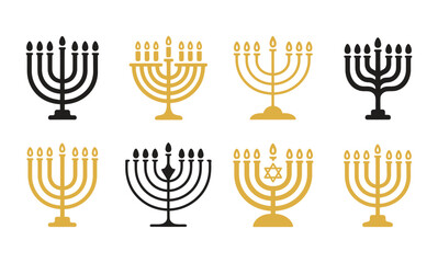 Collection of black and gold menorah icons and silhouettes on white background Hanukkah