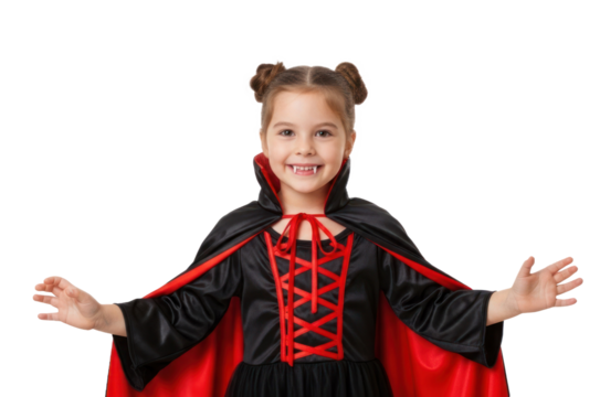 A young girl in a vampire costume, smiling and extending her arms wide. - Powered by Adobe