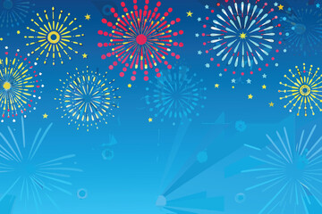Abstract blue background with yellow red blue fireworks