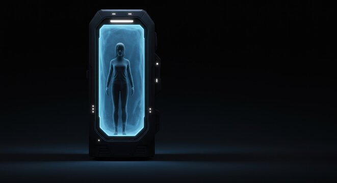 Woman in cryogenic chamber for long-term space travel concept