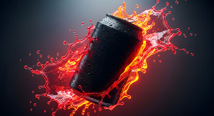 Dynamic red liquid splash around sleek black beverage can, refreshing and energetic drink concept on dark background
