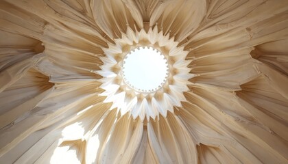 Intricate ribbed vault ceiling detail. Light enters through central circular opening. Architectural design shows radial patterns, ornate shapes. Old building interior features decorative dome