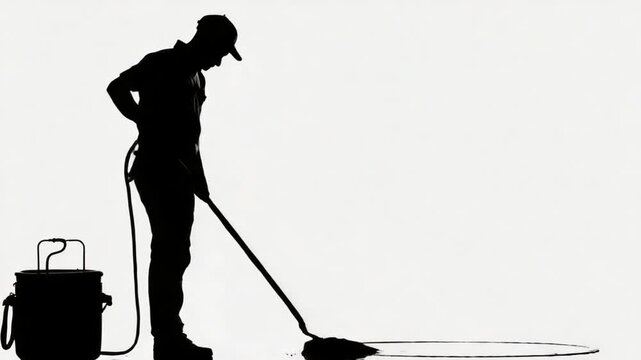 Silhouette of a Janitor Cleaning the Floor with a Mop.
