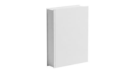 A white book with blank pages, standing upright on a white background.