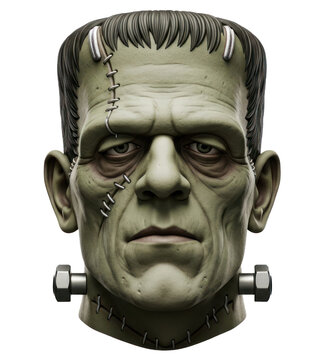 Frankenstein's monster head with bolts and metal parts, isolated on a white background.