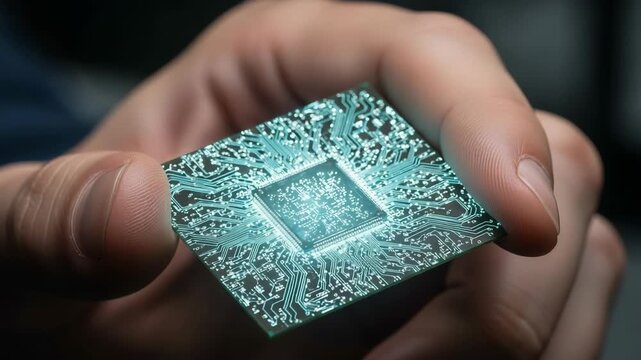 Holding Glowing Circuit Board Chip in Hand Closeup
