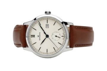 A silver and brown leather watch with a white face and black hands.