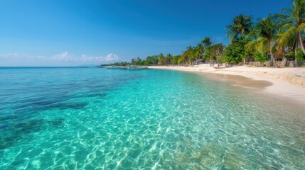 Fototapeta premium Tropical beach featuring clear turquoise water, white sand, palm trees, and bright sunny sky, creating a vibrant, relaxing atmosphere.