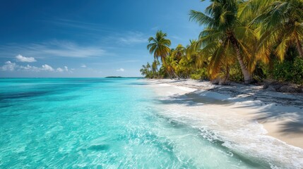 Tropical beach featuring clear turquoise water, white sand, palm trees, and bright sunny sky, creating a vibrant, relaxing atmosphere.