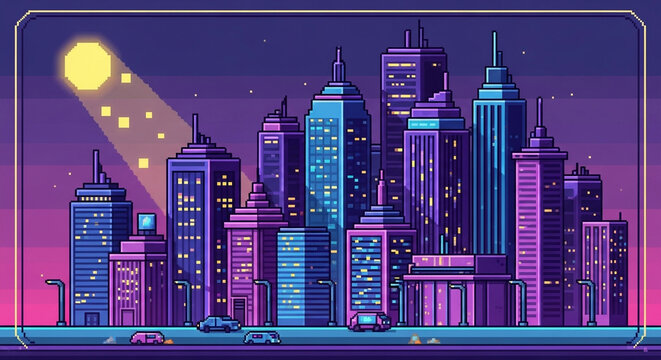 Pixel art cityscape at night with a full moon, featuring tall buildings, streetlights, and cars in a retro 8bit style - Powered by Adobe